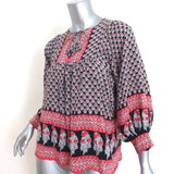 Ulla Johnson Blouse Bea Black/Red Indian Floral Print Silk Size 2 Tie-Neck Top