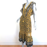 SEA Ruffled Midi Dress Yellow Crochet-Trim Floral Print Silk Size 6