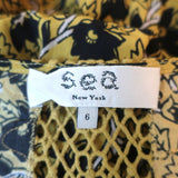 SEA Ruffled Midi Dress Yellow Crochet-Trim Floral Print Silk Size 6