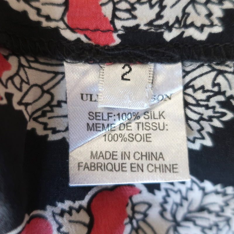Ulla Johnson Blouse Bea Black/Red Indian Floral Print Silk Size 2 Tie-Neck Top