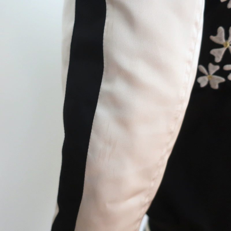 Pam &amp; Gela Crystal Crane Embroidered Satin Bomber Jacket Black/Cream Size Petite