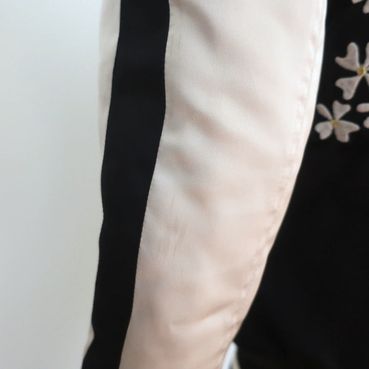 Pam &amp; Gela Crystal Crane Embroidered Satin Bomber Jacket Black/Cream Size Petite