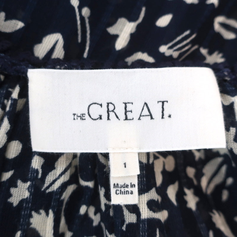 THE GREAT Top Perch Navy Printed Cotton Size 1 Ruffle-Trim 3/4 Sleeve Blouse