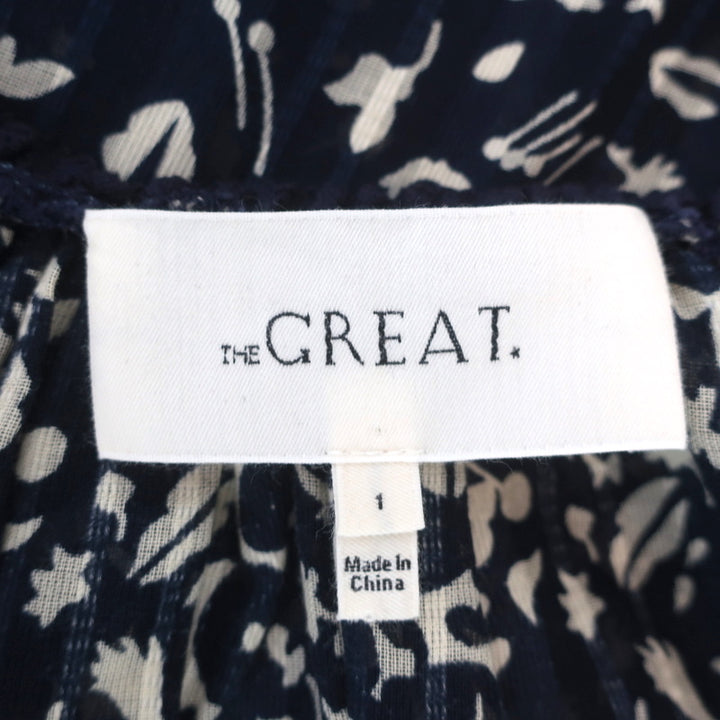 THE GREAT Top Perch Navy Printed Cotton Size 1 Ruffle-Trim 3/4 Sleeve Blouse