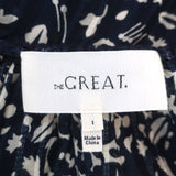 THE GREAT Top Perch Navy Printed Cotton Size 1 Ruffle-Trim 3/4 Sleeve Blouse