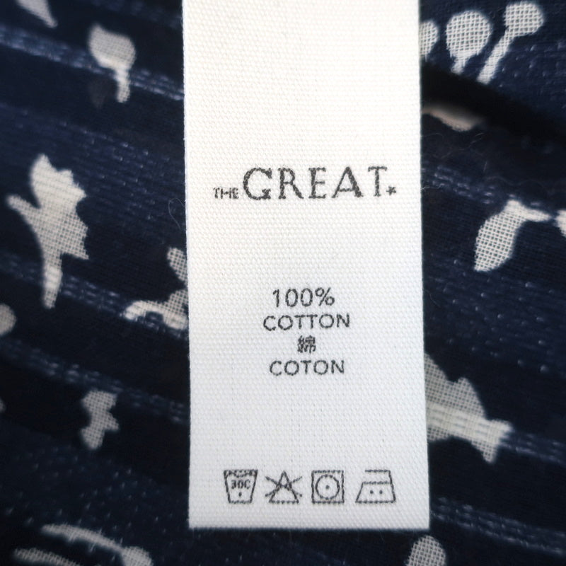 THE GREAT Top Perch Navy Printed Cotton Size 1 Ruffle-Trim 3/4 Sleeve Blouse
