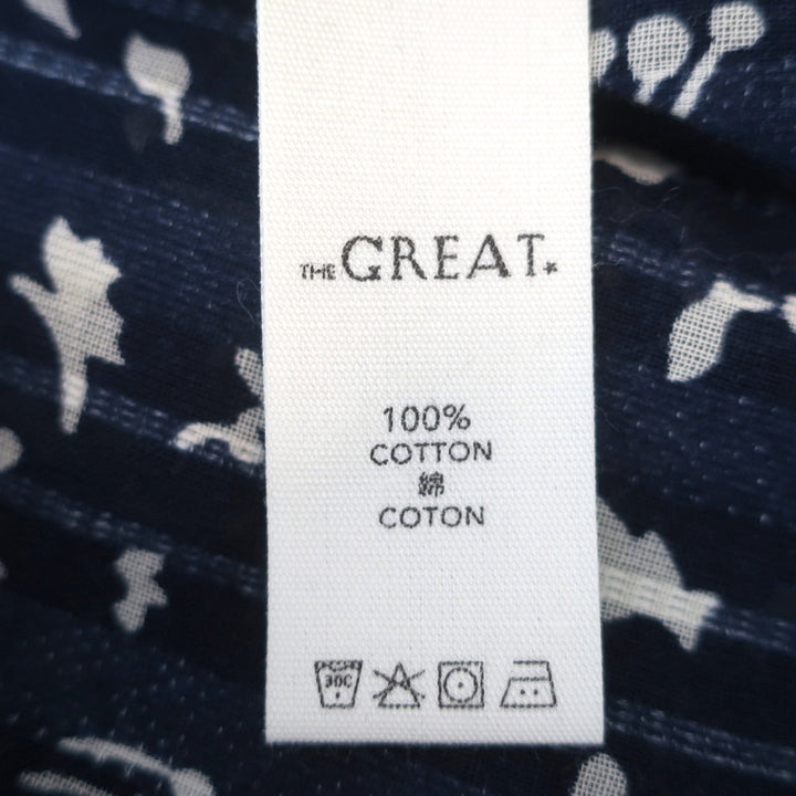 THE GREAT Top Perch Navy Printed Cotton Size 1 Ruffle-Trim 3/4 Sleeve Blouse