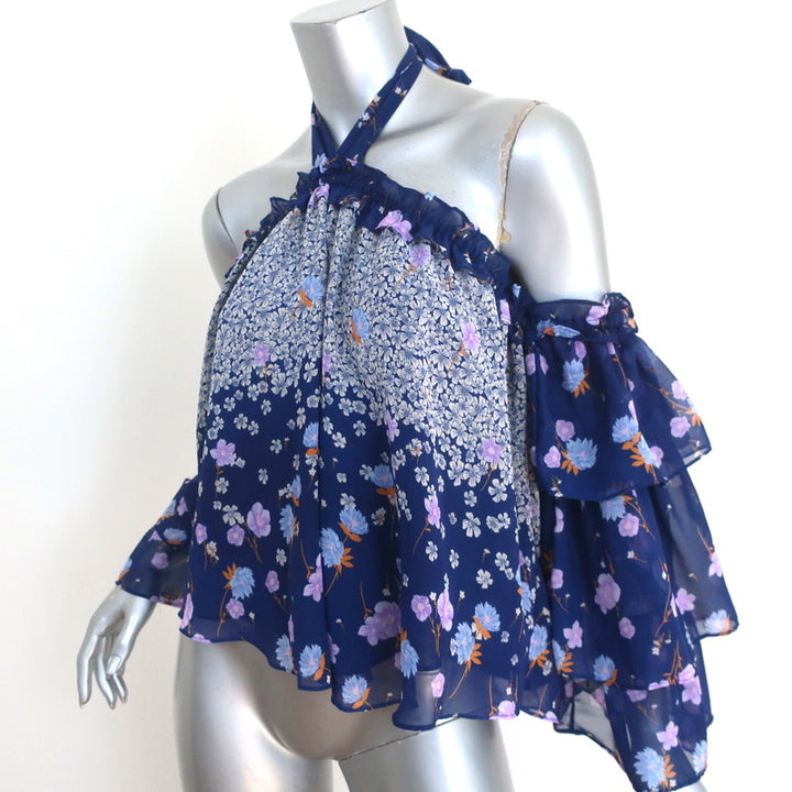 MISA Cold-Shoulder Blouse Navy Floral Print Size Extra Small Halter Top
