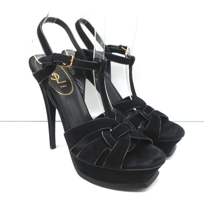 Yves Saint Laurent Tribute Platform Sandals Black Leather-Trim Suede Size 39