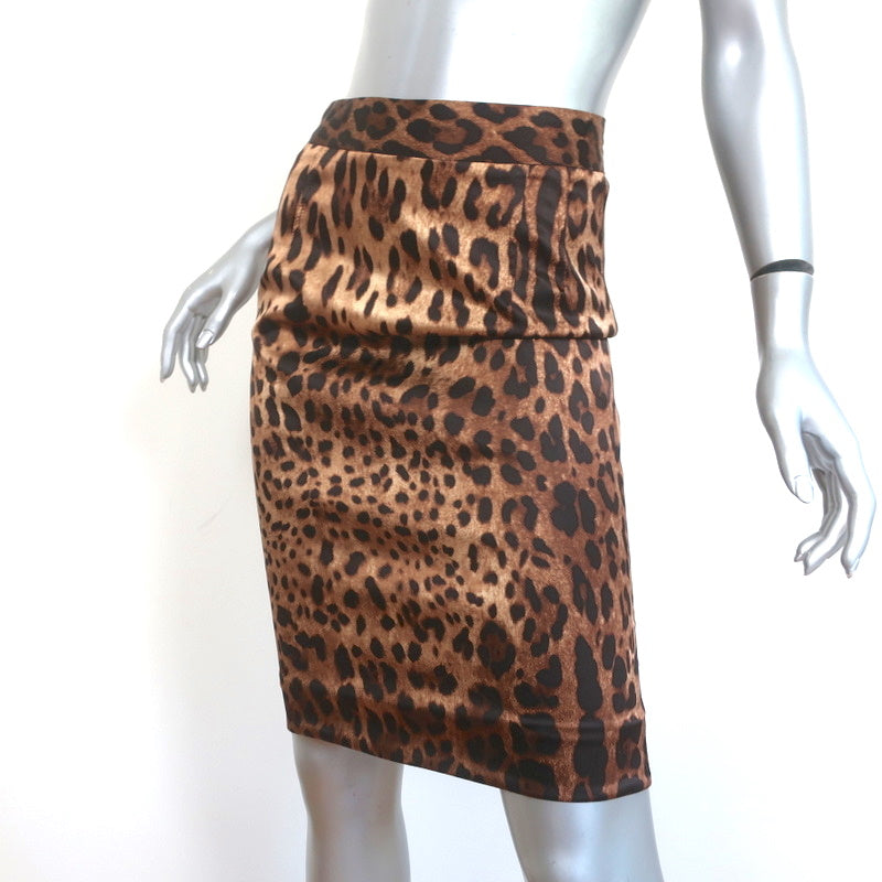 Dolce &amp; Gabbana Leopard Print Pencil Skirt Brown Stretch Silk Satin Size 40
