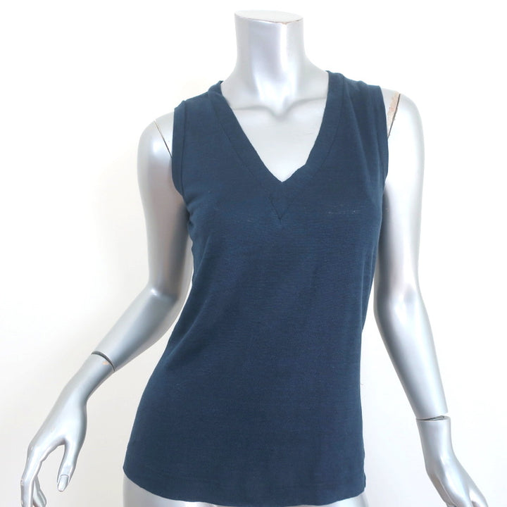 100% Capri V-Neck Tank Top Navy Linen Jersey Size Extra Extra Small