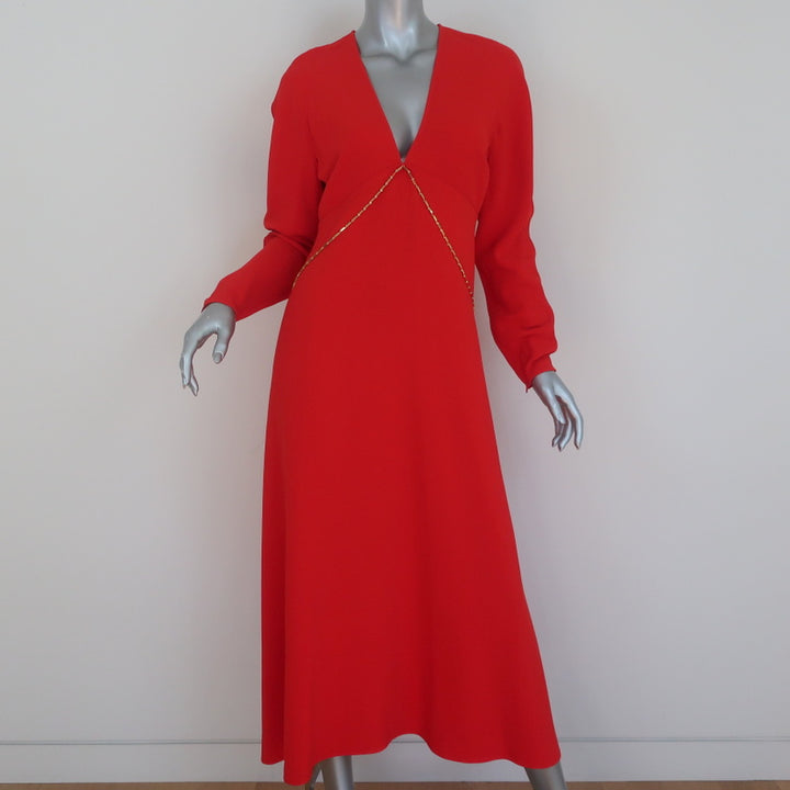 Victoria Beckham Chain-Embellished Dress Red Crepe Size US 8 Long Sleeve Midi
