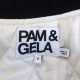 Pam & Gela Crystal Crane Embroidered Satin Bomber Jacket Black/Cream Size Petite