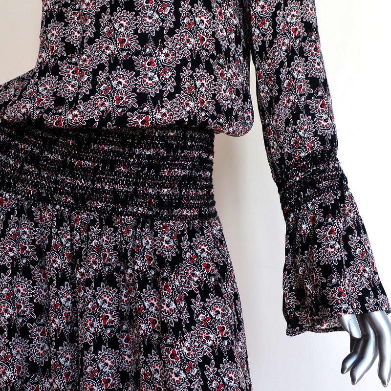 10 Crosby Derek Lam Dress Black/Red Smocked Printed Silk Size 6 Long Sleeve Mini - Celebrity Owned