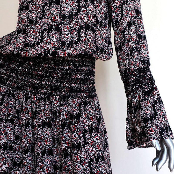 10 Crosby Derek Lam Dress Black/Red Smocked Printed Silk Size 6 Long Sleeve Mini - Celebrity Owned