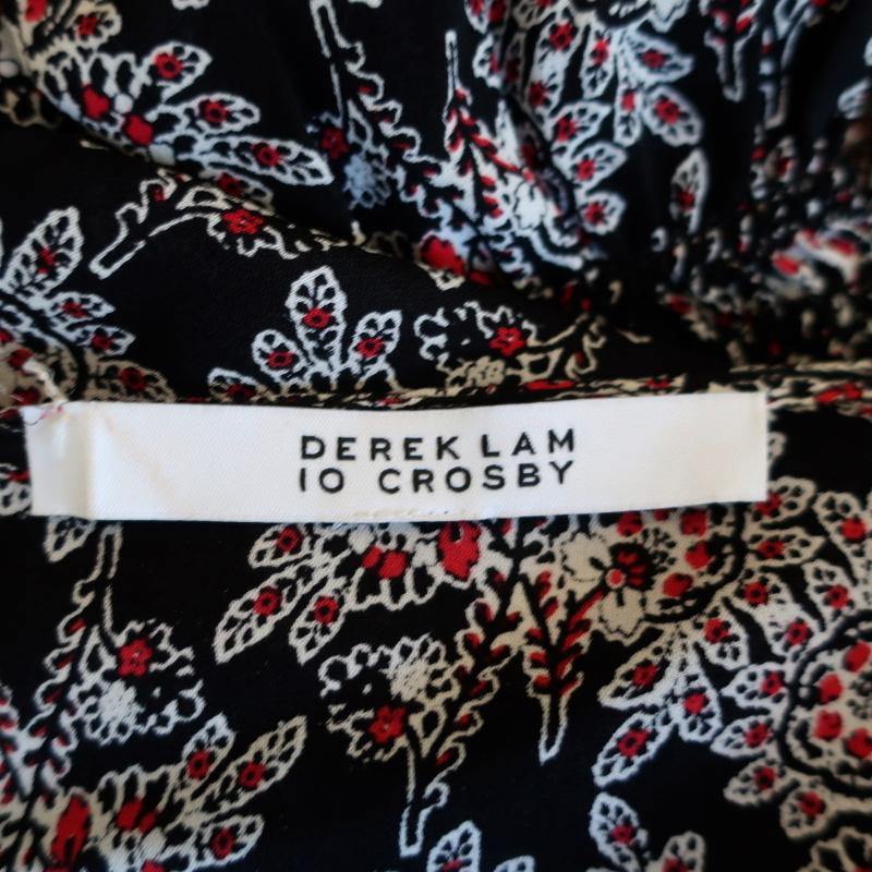 10 Crosby Derek Lam Dress Black/Red Smocked Printed Silk Size 6 Long Sleeve Mini - Celebrity Owned