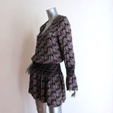 10 Crosby Derek Lam Dress Black/Red Smocked Printed Silk Size 6 Long Sleeve Mini - Celebrity Owned