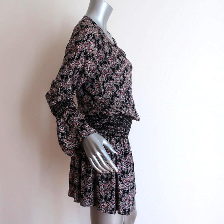 10 Crosby Derek Lam Dress Black/Red Smocked Printed Silk Size 6 Long Sleeve Mini - Celebrity Owned