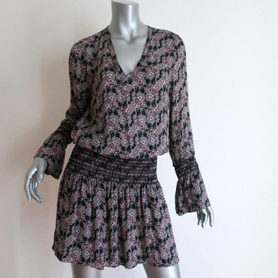 10 Crosby Derek Lam Dress Black/Red Smocked Printed Silk Size 6 Long Sleeve Mini - Celebrity Owned