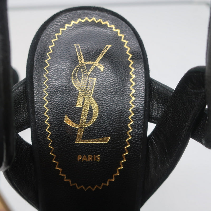 Yves Saint Laurent Tribute Platform Sandals Black Leather-Trim Suede Size 39