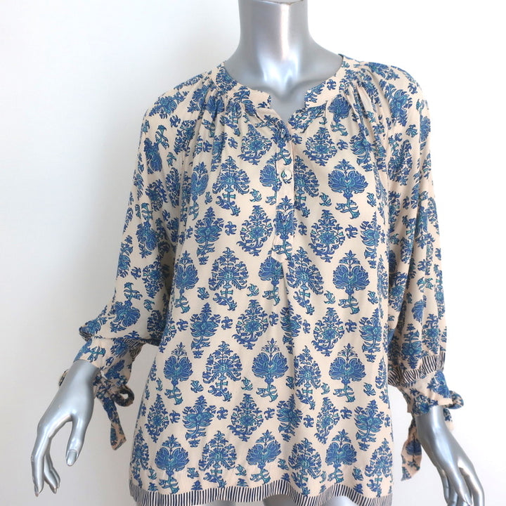 Natalie Martin Tie-Sleeve Top Renata Ivory/Blue Cyprus Print Size Extra Small