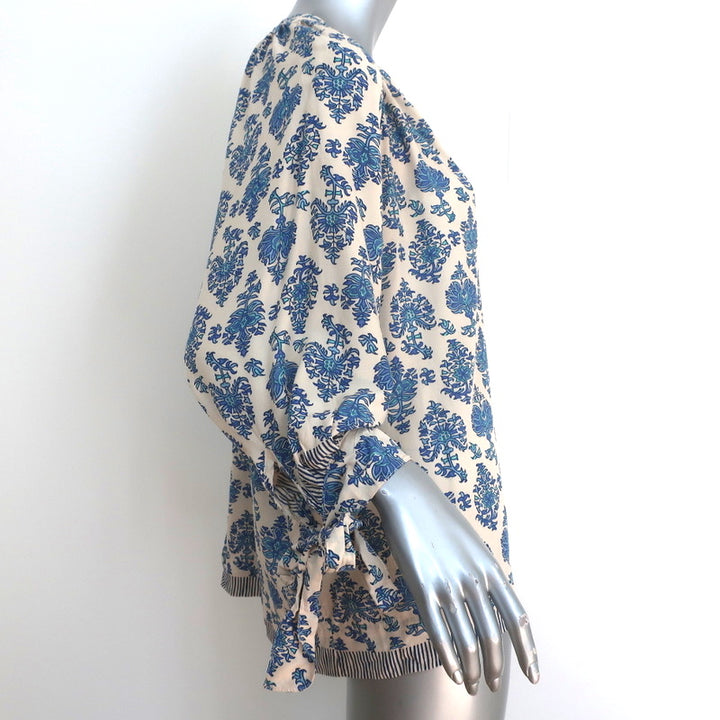 Natalie Martin Tie-Sleeve Top Renata Ivory/Blue Cyprus Print Size Extra Small
