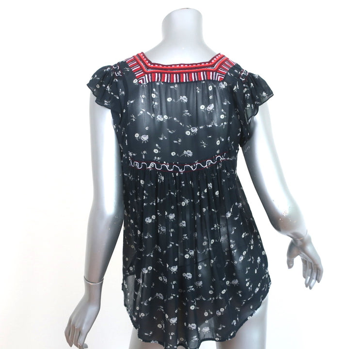 Ulla Johnson Top Anosha Navy Embroidered Floral Print Georgette Size 0