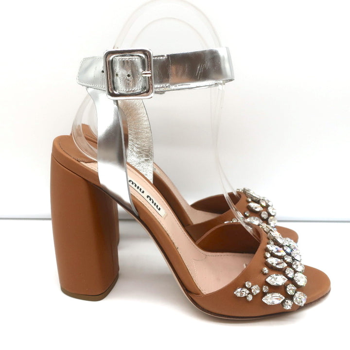 Miu Miu Crystal-Embellished Two Tone Sandals Brown &amp; Silver Leather Size 36