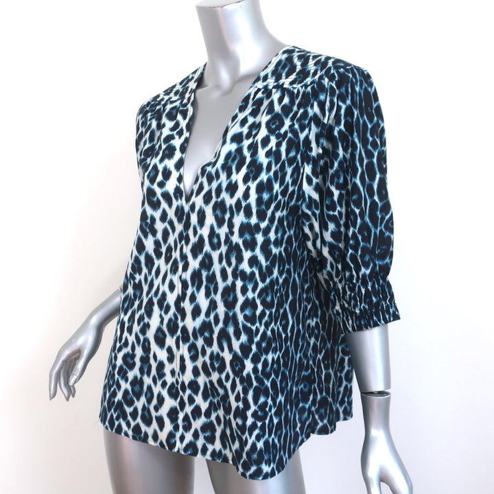 A.L.C. Puff Sleeve Top Elton Blue Leopard Print Size 10 V-Neck Blouse