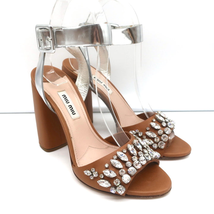 Miu Miu Crystal-Embellished Two Tone Sandals Brown &amp; Silver Leather Size 36