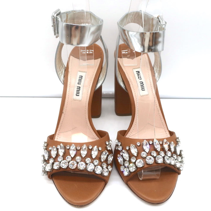 Miu Miu Crystal-Embellished Two Tone Sandals Brown &amp; Silver Leather Size 36