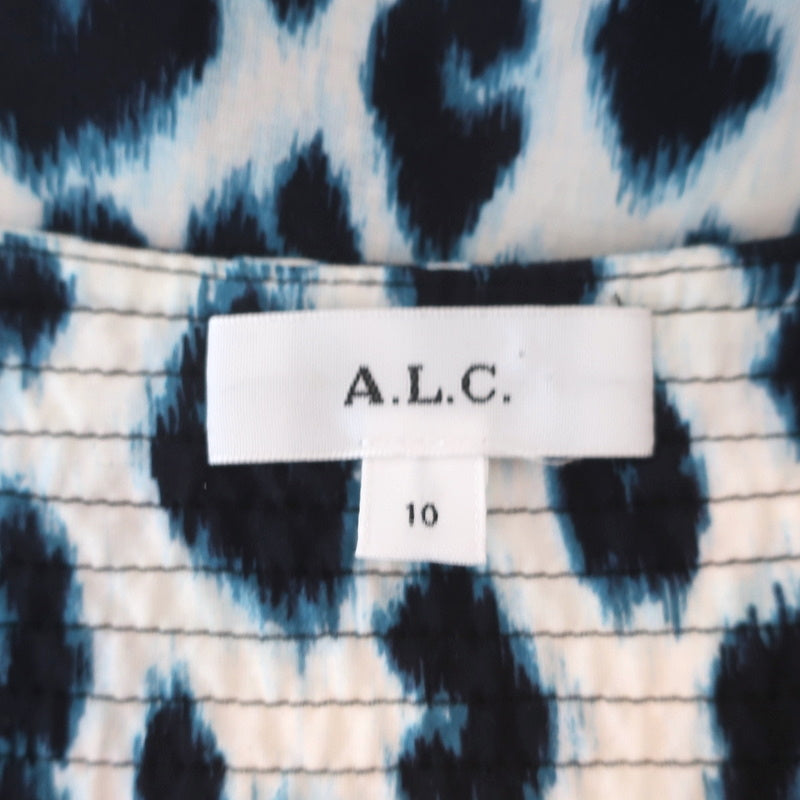 A.L.C. Puff Sleeve Top Elton Blue Leopard Print Size 10 V-Neck Blouse