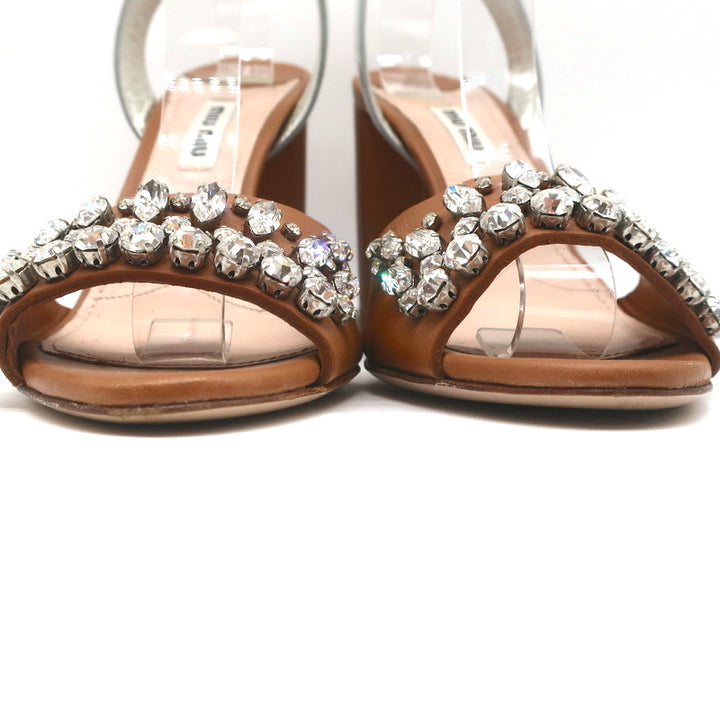 Miu Miu Crystal-Embellished Two Tone Sandals Brown &amp; Silver Leather Size 36
