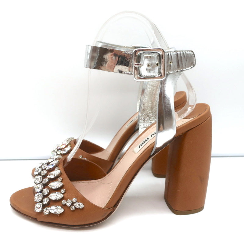 Miu Miu Crystal-Embellished Two Tone Sandals Brown &amp; Silver Leather Size 36