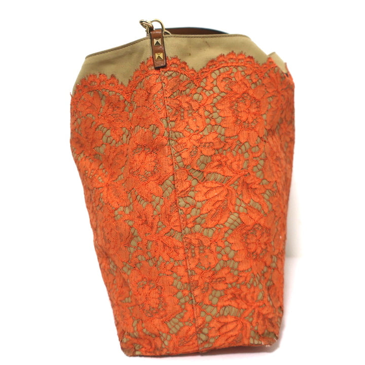 Valentino Glam Reversible Lace Tote Orange/Tan Large Crossbody Shoulder Bag