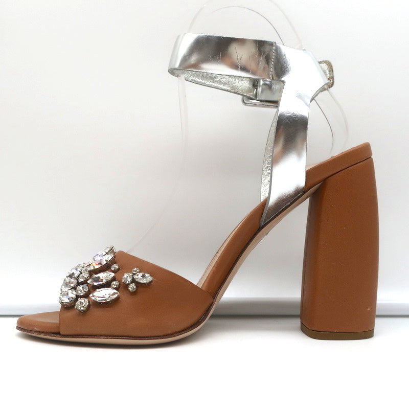 Miu Miu Crystal-Embellished Two Tone Sandals Brown &amp; Silver Leather Size 36