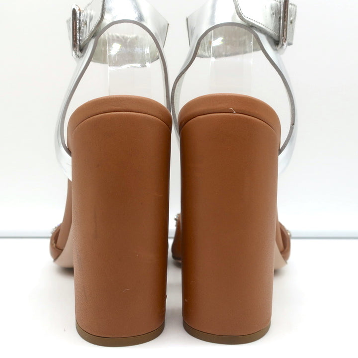 Miu Miu Crystal-Embellished Two Tone Sandals Brown &amp; Silver Leather Size 36