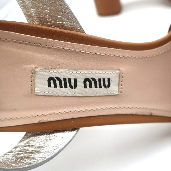 Miu Miu Crystal-Embellished Two Tone Sandals Brown &amp; Silver Leather Size 36