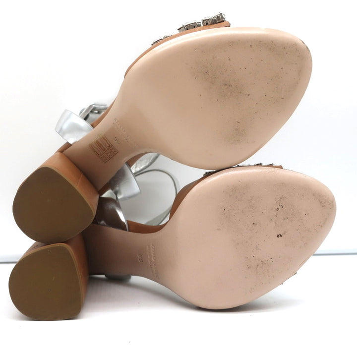 Miu Miu Crystal-Embellished Two Tone Sandals Brown &amp; Silver Leather Size 36