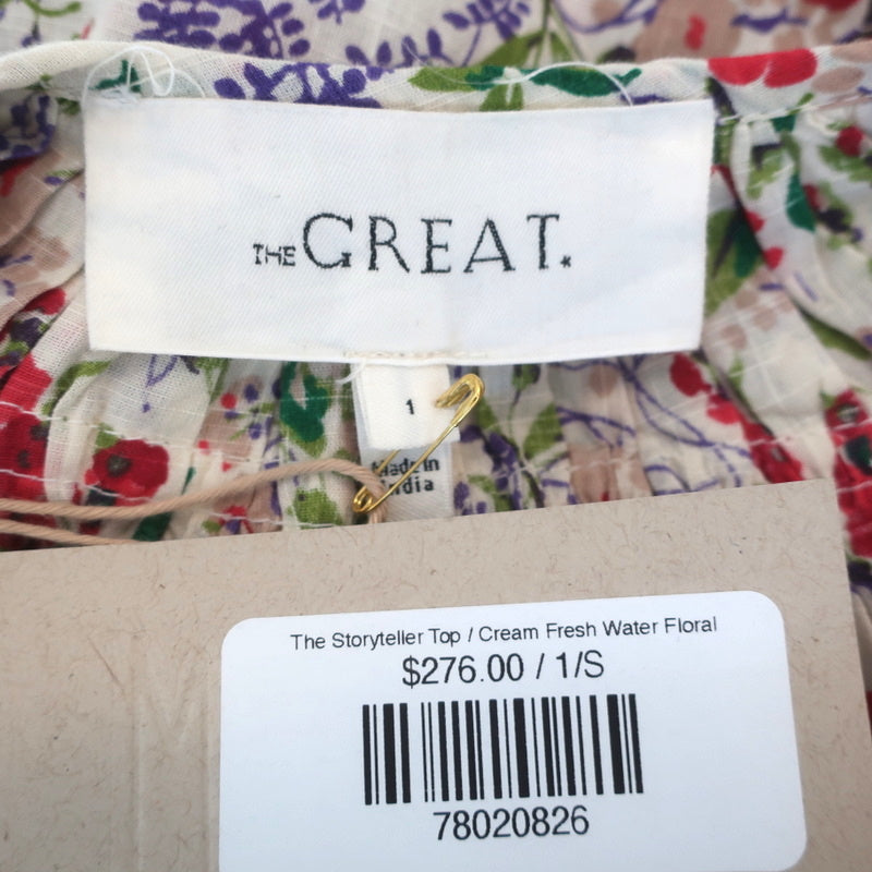 THE GREAT Storyteller Top Cream Floral Print Size 1 Short Sleeve Blouse NEW