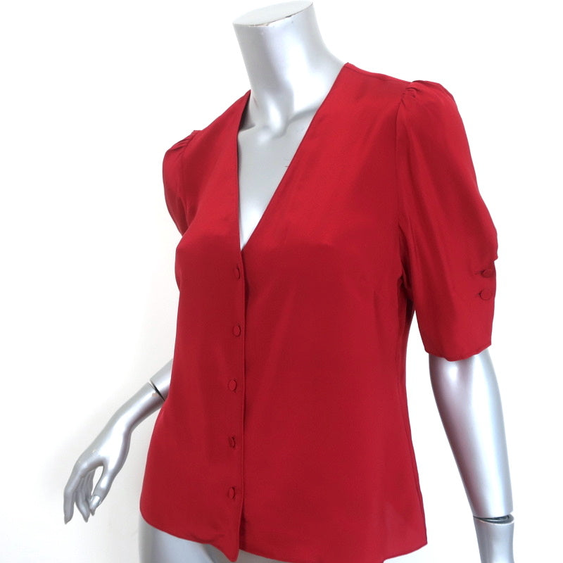 FRAME Puff Sleeve Top Olivia Lipstick Red Silk Size Small Button-Up Blouse