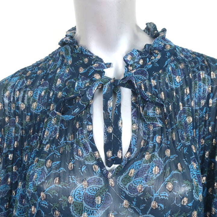 SEA Long Sleeve Top Positano Blue Lurex Printed Georgette Size Extra Small NEW