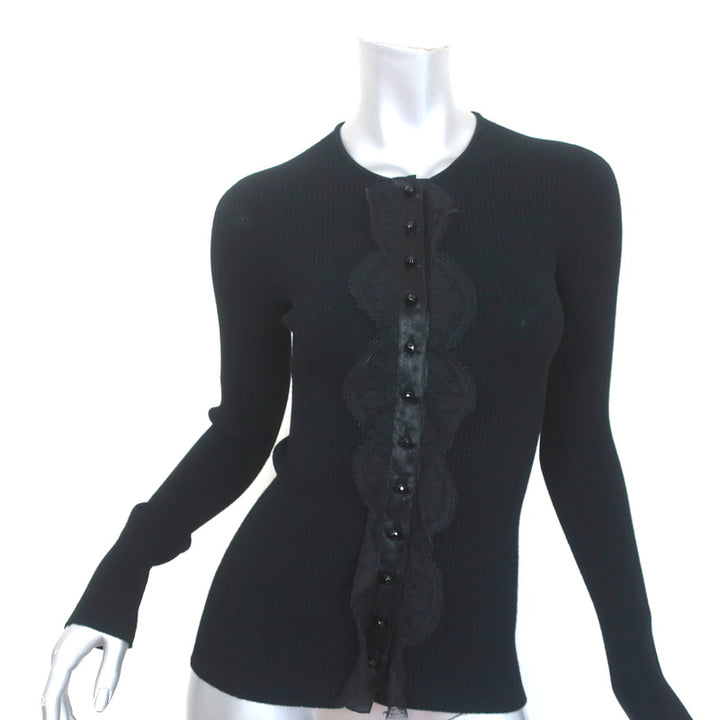 Dolce &amp; Gabbana Cardigan Black Lace-Trim Ribbed Knit Size 42 Crewneck Sweater