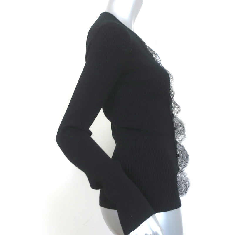 Dolce &amp; Gabbana Cardigan Black Lace-Trim Ribbed Knit Size 42 Crewneck Sweater