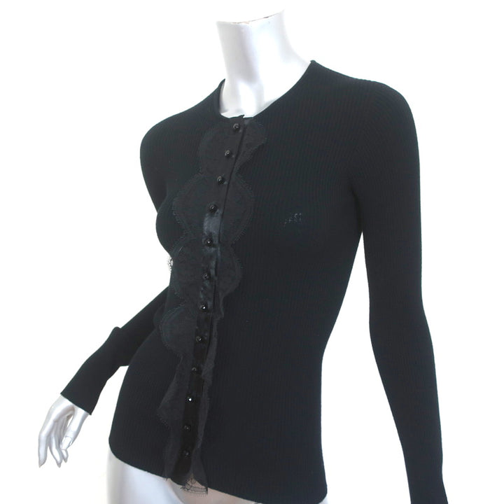 Dolce &amp; Gabbana Cardigan Black Lace-Trim Ribbed Knit Size 42 Crewneck Sweater
