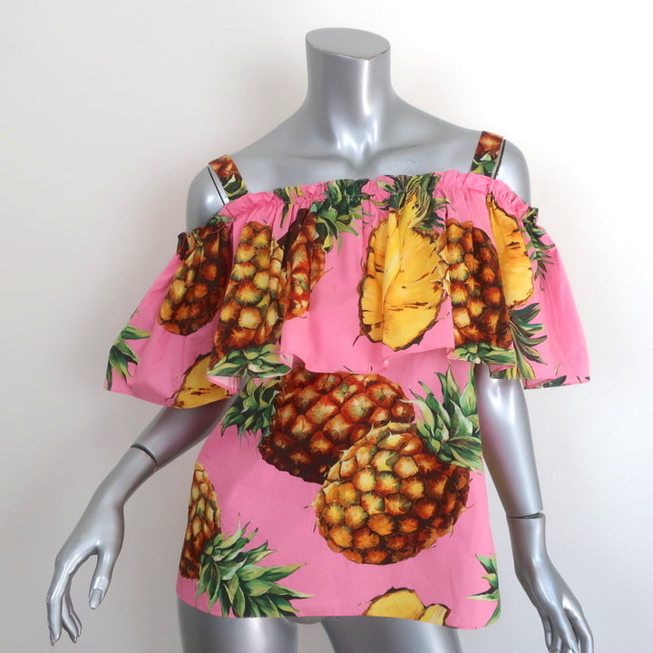 Dolce &amp; Gabbana Cold Shoulder Ruffle Top Pink Pineapple Print Size 42 NEW