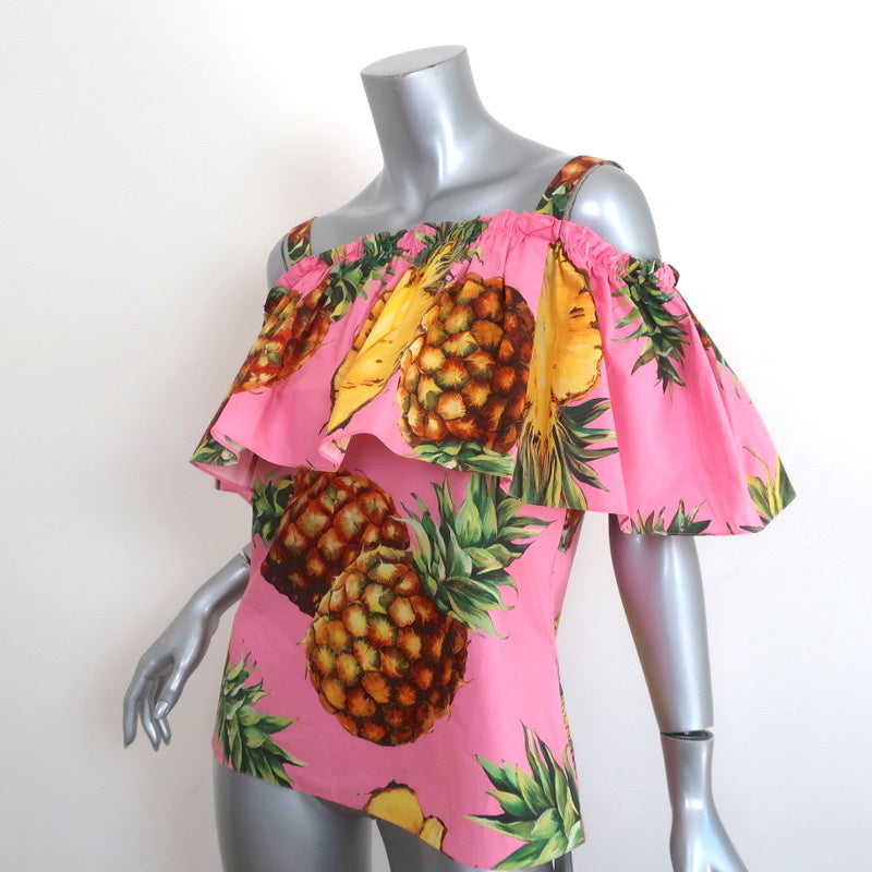 Dolce &amp; Gabbana Cold Shoulder Ruffle Top Pink Pineapple Print Size 42 NEW