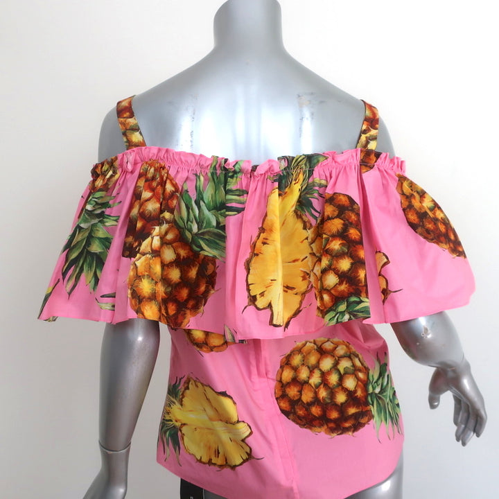 Dolce &amp; Gabbana Cold Shoulder Ruffle Top Pink Pineapple Print Size 42 NEW
