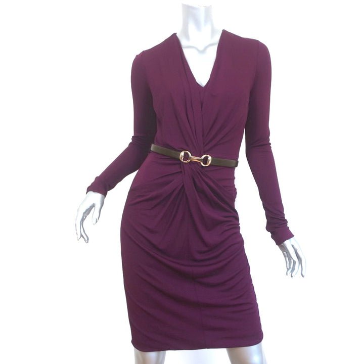 Gucci Twist-Front Dress with Horsebit Belt Amaranth Jersey Size Small NEW