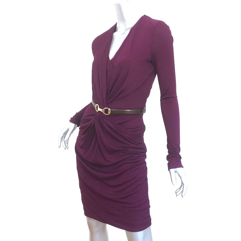 Gucci Twist-Front Dress with Horsebit Belt Amaranth Jersey Size Small NEW
